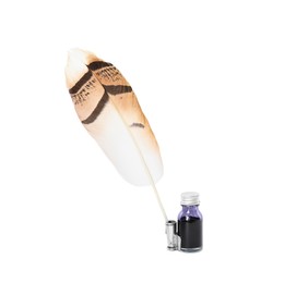 Photo of Feather pen and bottle of ink on white background
