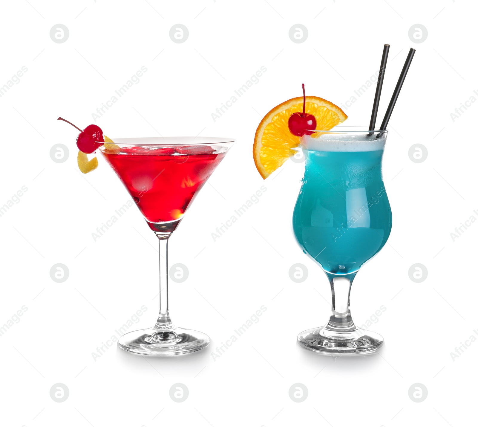 Photo of Tasty refreshing cocktails in glasses on white background