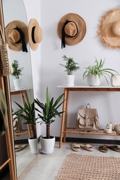 Photo of Wooden table with shoes, accessories and houseplants near white wall in hallway