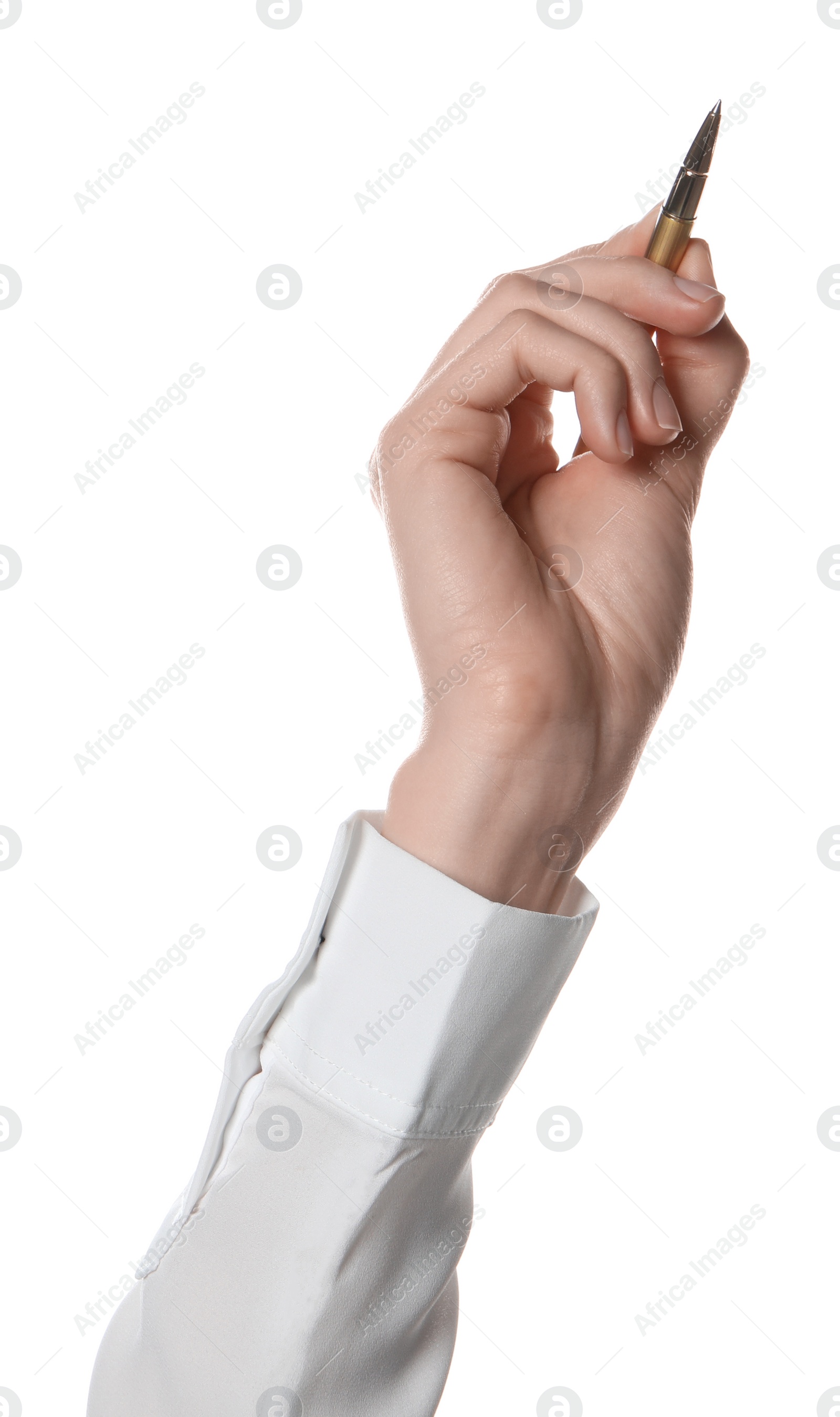 Photo of Woman holding pen on white background, closeup of hand