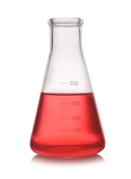 Photo of Erlenmeyer flask with color liquid isolated on white. Solution chemistry