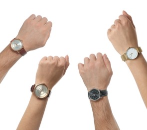 Collage with photos of people wearing wristwatches on white background, closeup