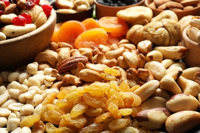 Composition of different dried fruits and nuts, closeup
