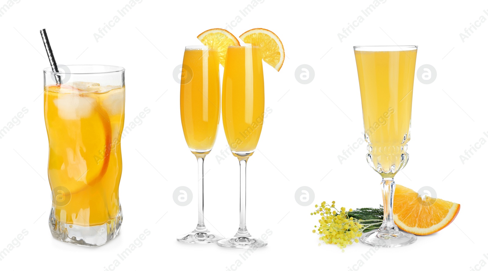 Image of Set with delicious Mimosa cocktails on white background, banner design