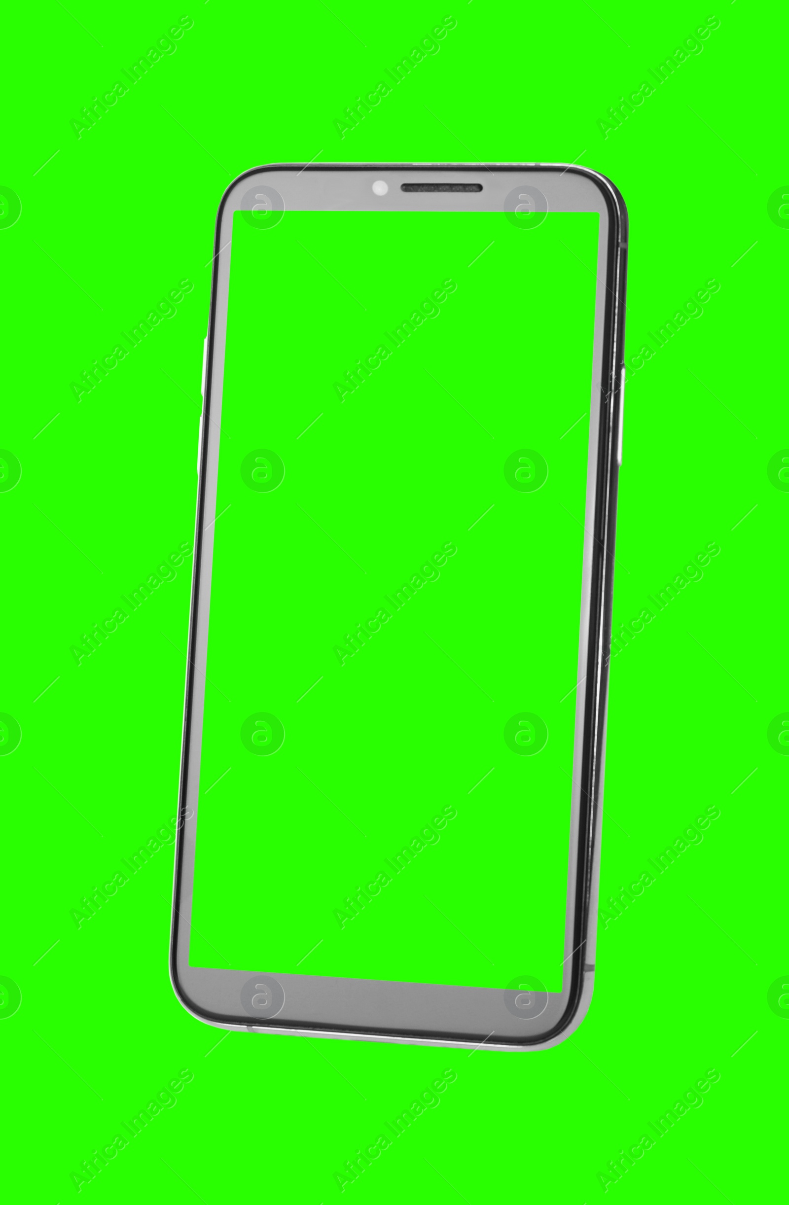 Image of Smartphone with green screen on color background. Mockup for design