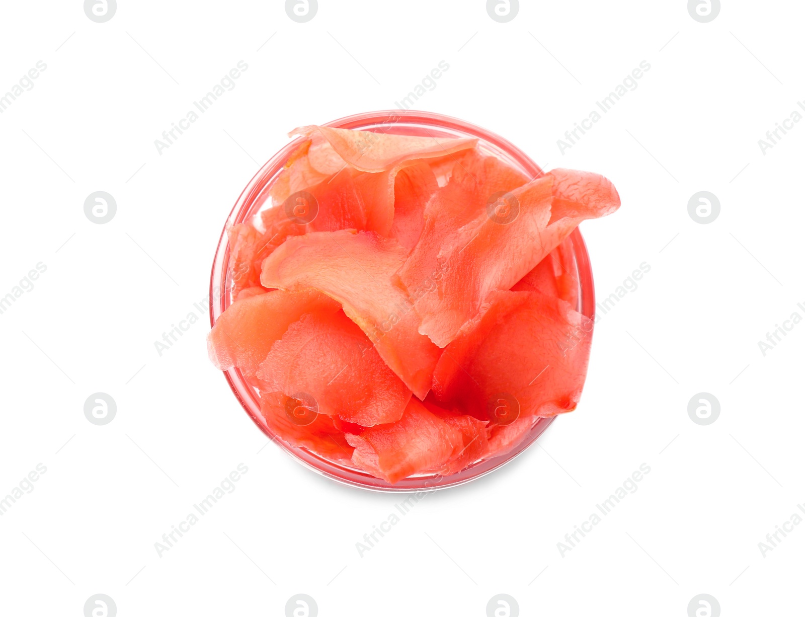 Photo of Pickled ginger in bowl isolated on white, top view