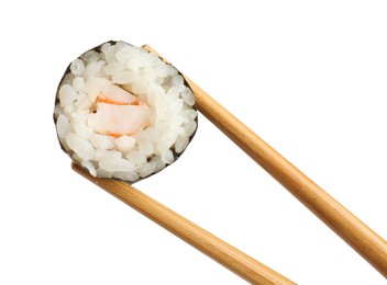 Chopsticks with tasty fresh sushi roll isolated on white