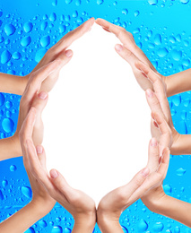 Image of Women forming water drop with their hands on blue background, space for text. Ecology protection