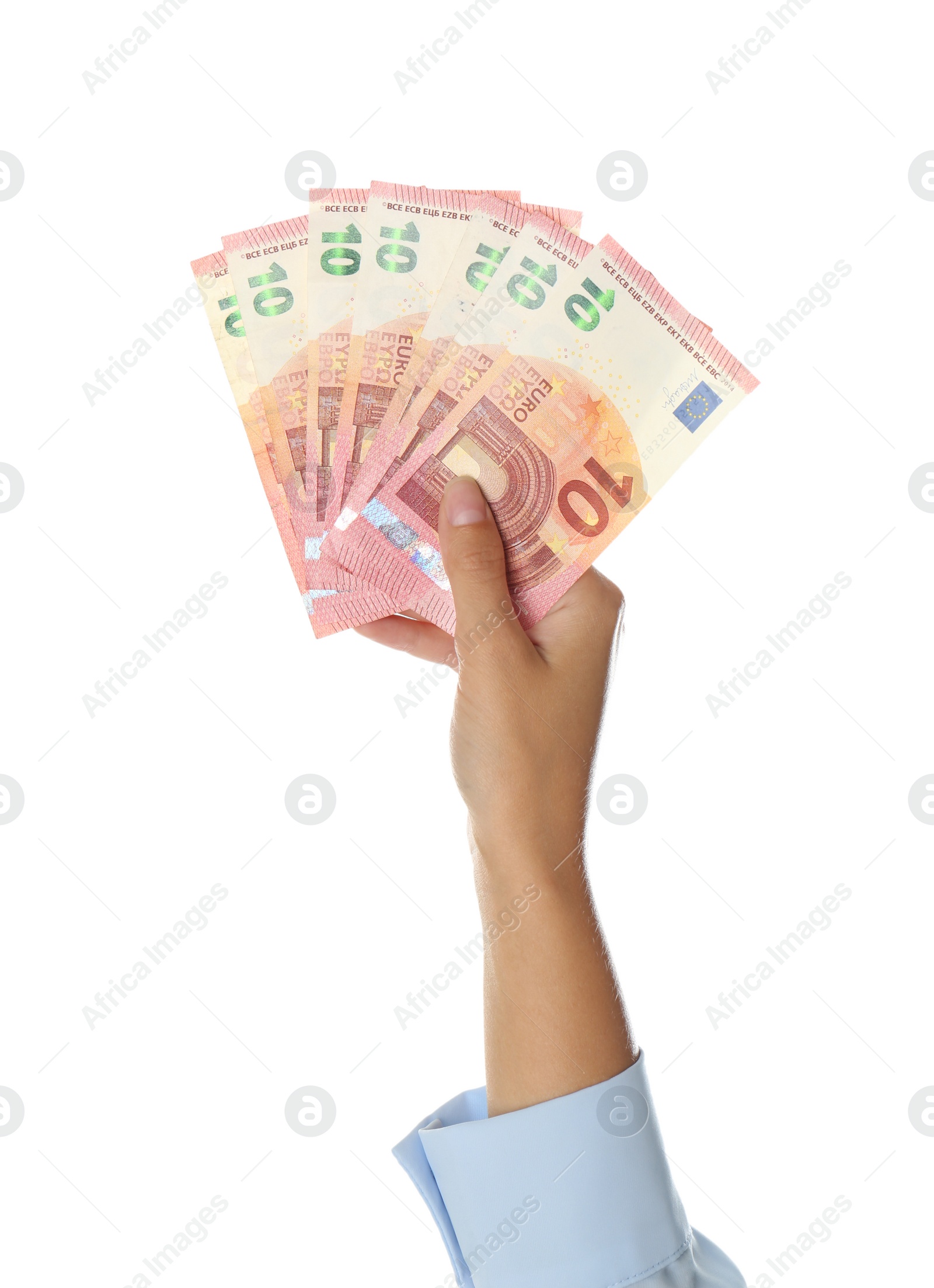 Photo of Woman with Euro banknotes on white background, closeup