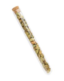 Photo of Glass tube with cardamom on white background, top view