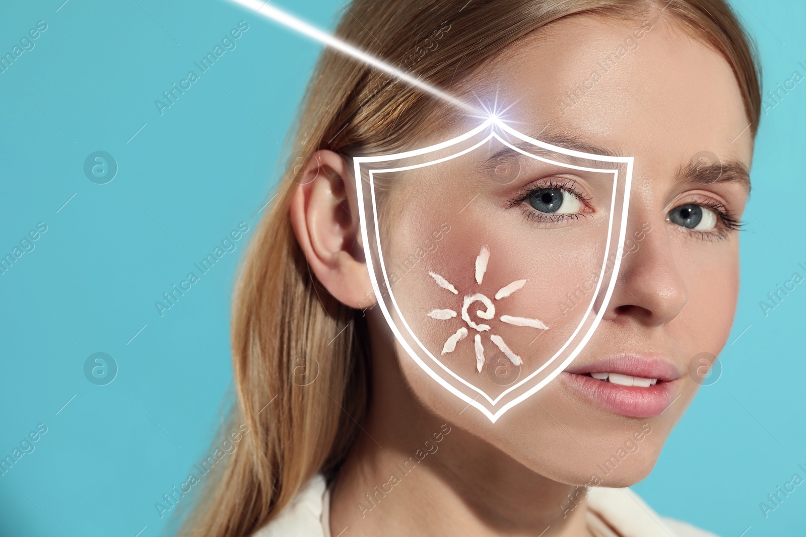 Image of Sun protection care. Beautiful woman with sunscreen on face against light blue background, space for text. Illustration of shield as SPF