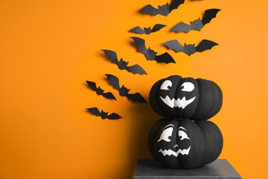 Photo of Set of Halloween decorations on color background. Space for text