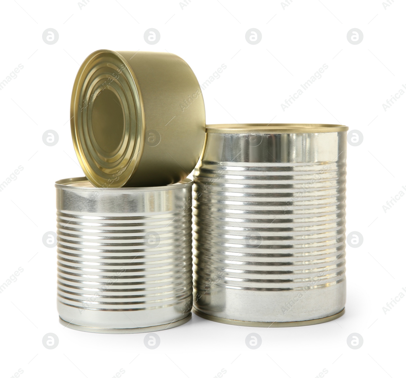 Photo of Closed tin cans isolated on white, mockup for design