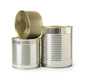 Closed tin cans isolated on white, mockup for design