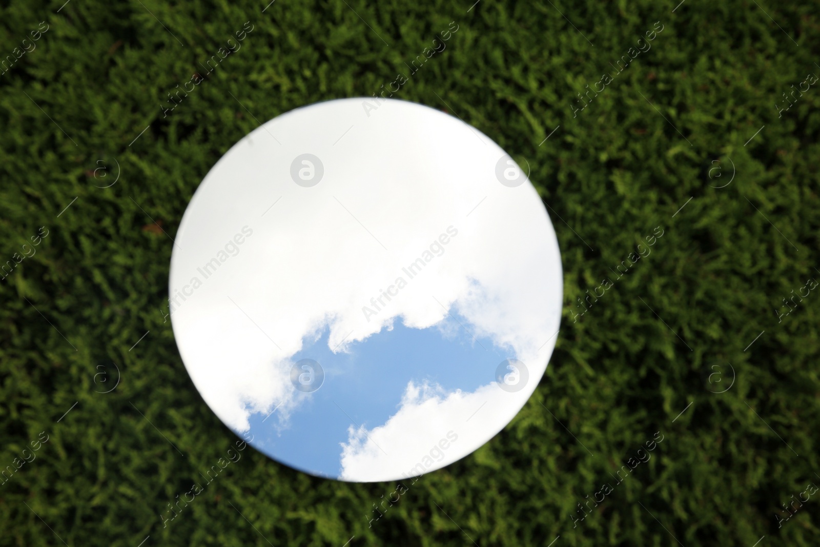 Photo of Round mirror on green grass reflecting cloudy sky, top view