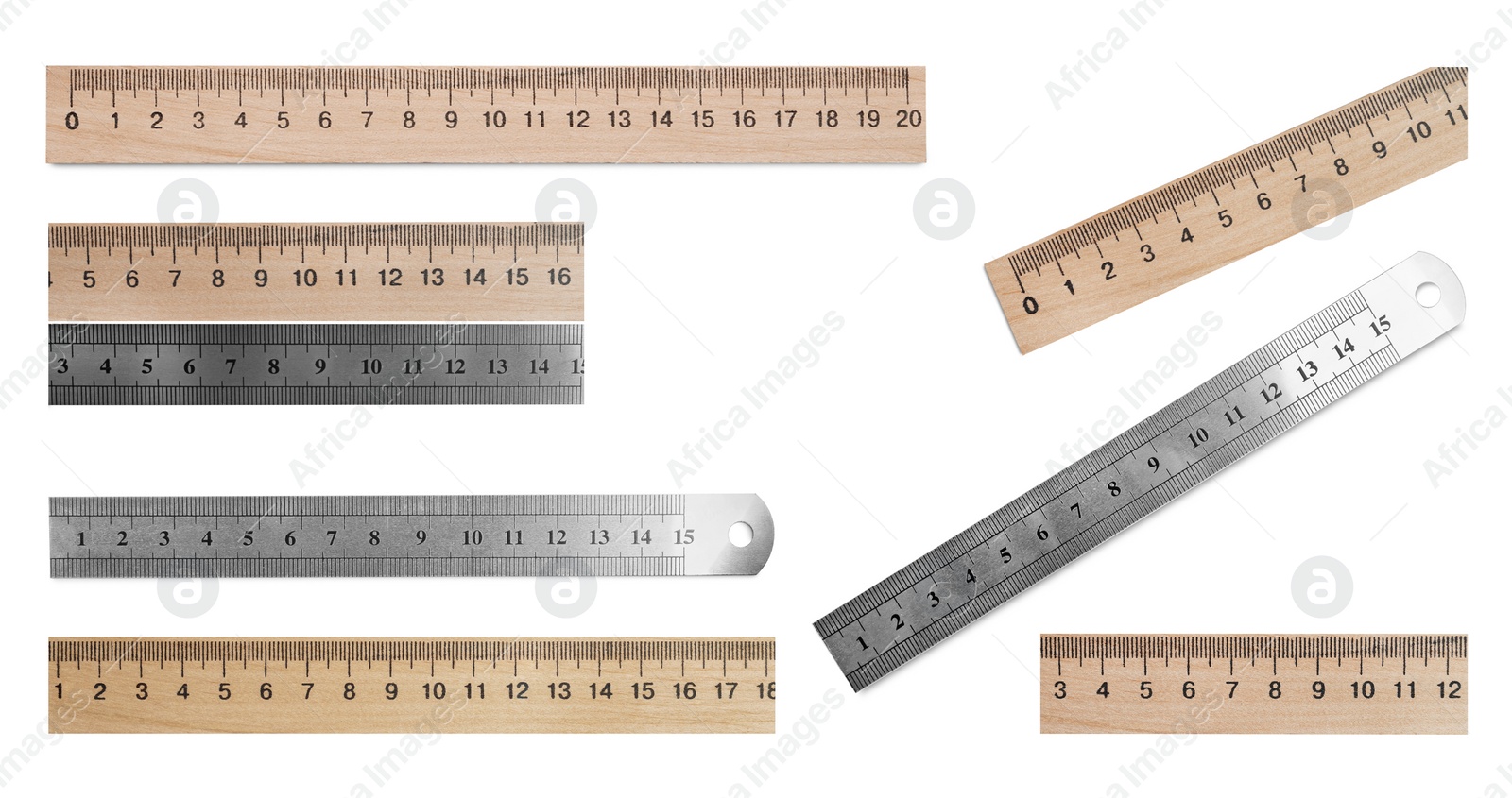 Image of Set with different rulers with measuring length markings in centimeters on white background