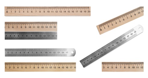 Image of Set with different rulers with measuring length markings in centimeters on white background
