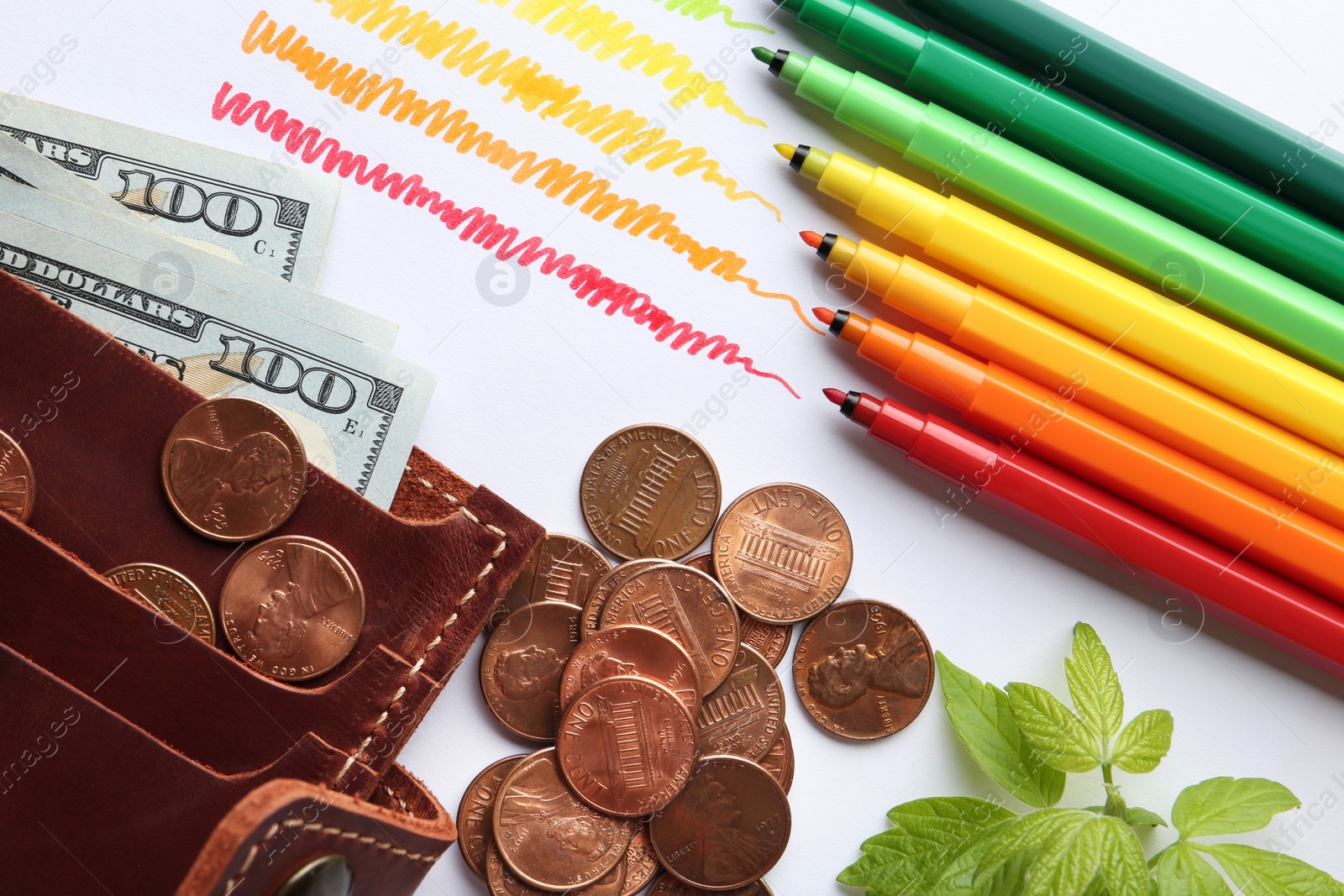 Photo of Flat lay composition with colorful chart and money on white background. Energy efficiency concept