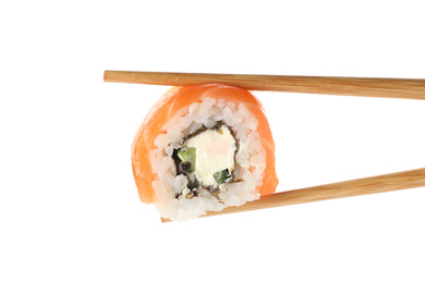 Photo of Delicious fresh sushi roll on white background