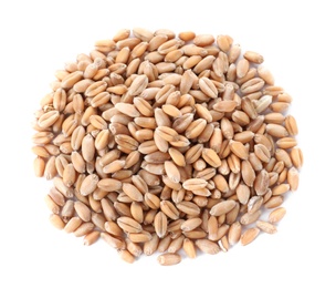 Photo of Pile of wheat grains on white background, top view. Cereal crop