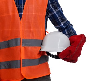 Young man holding hardhat on white background, closeup. Safety equipment