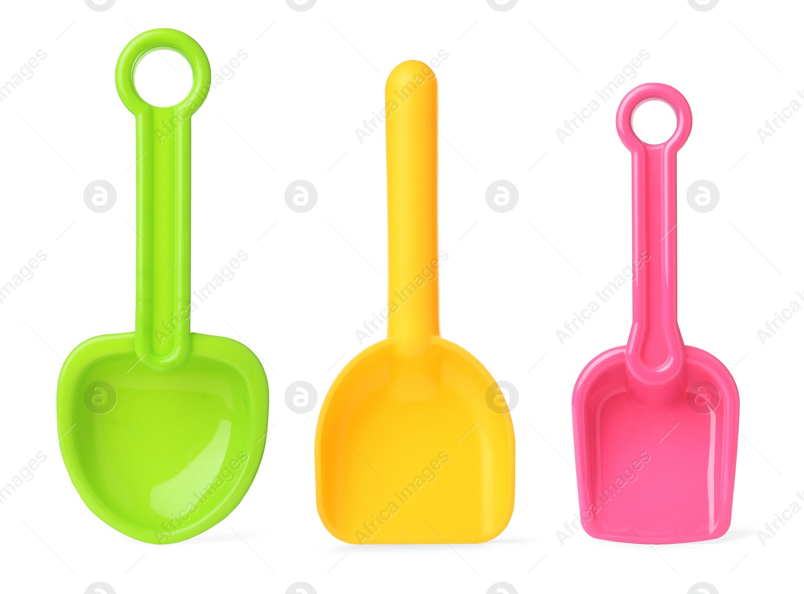 Image of Different bright plastic toy shovels on white background, collage 