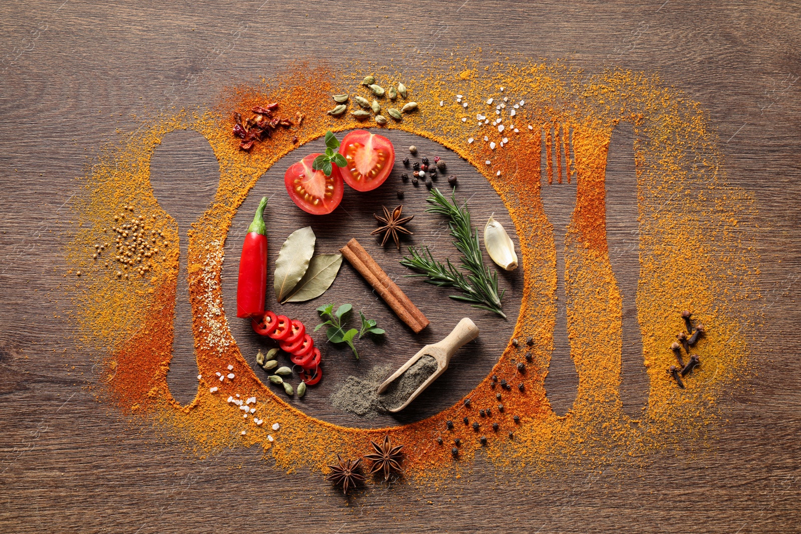 Photo of Silhouettes of plate with cutlery made with spices and different ingredients on wooden table, flat lay