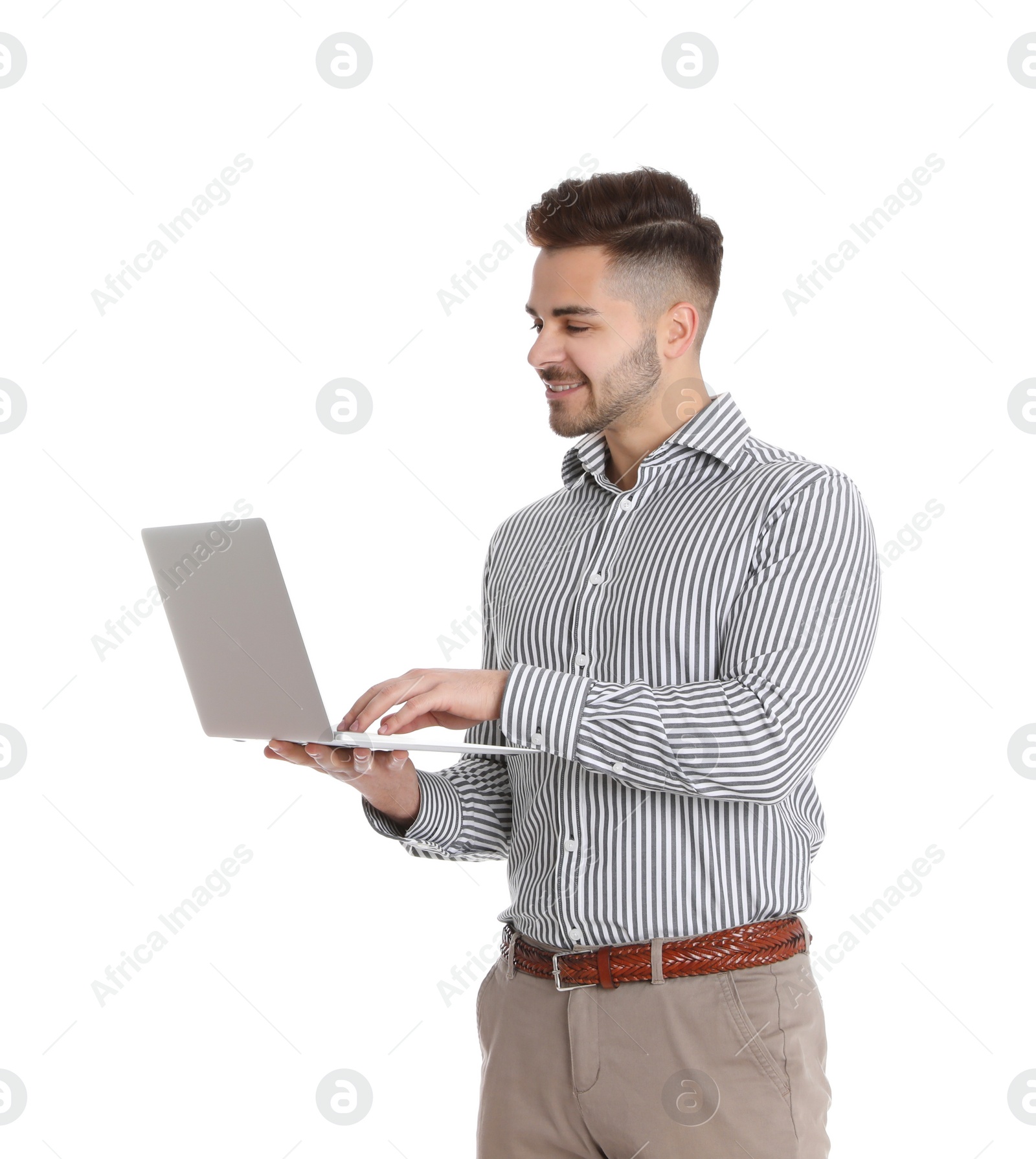 Photo of Happy man with laptop on white background