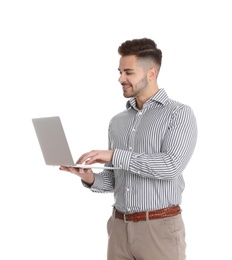 Happy man with laptop on white background