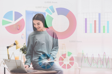 Image of Female designer working in office and illustration of colorful graphs. Double exposure