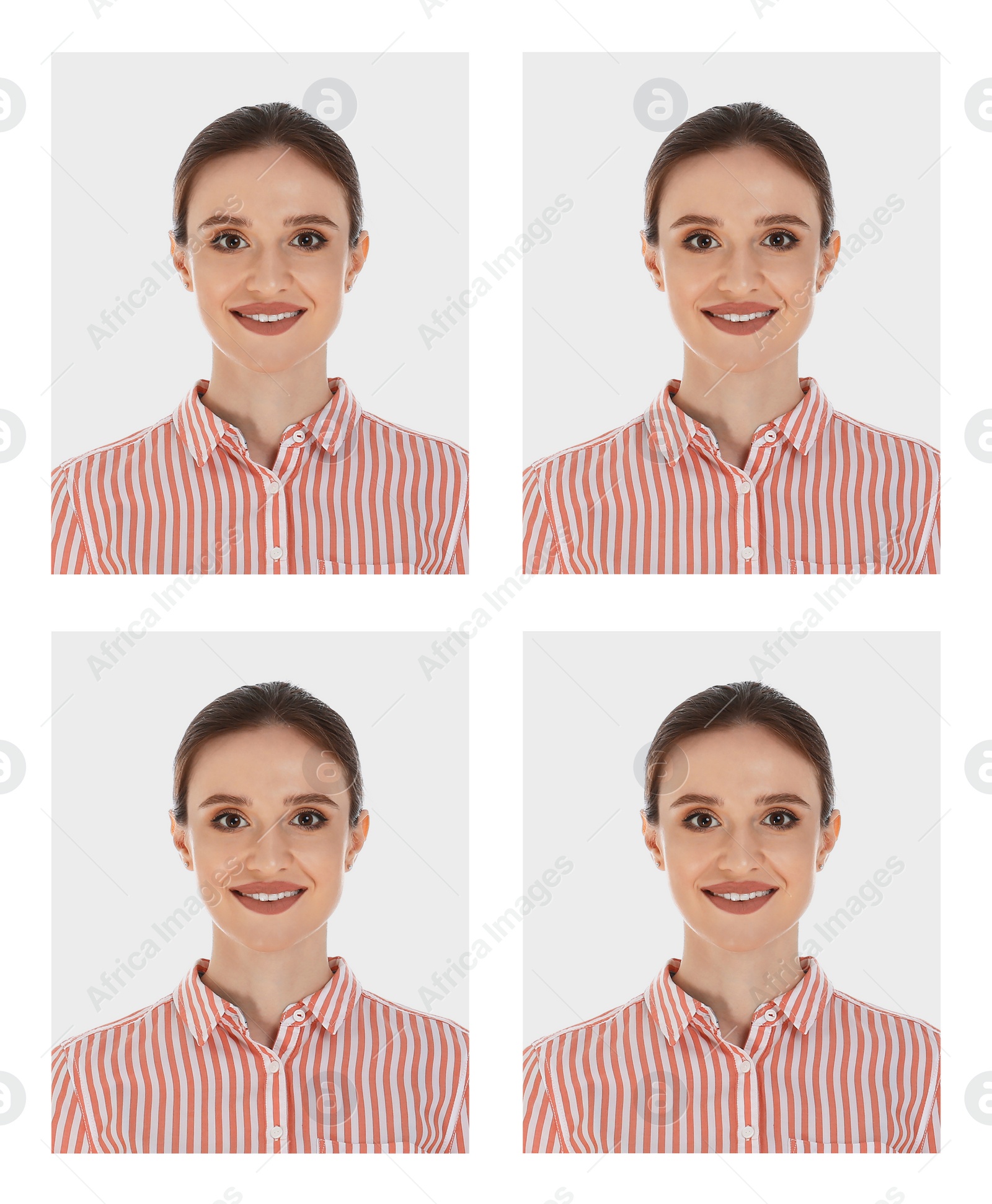 Image of Passport photo, collage. Woman on white background, set of photos