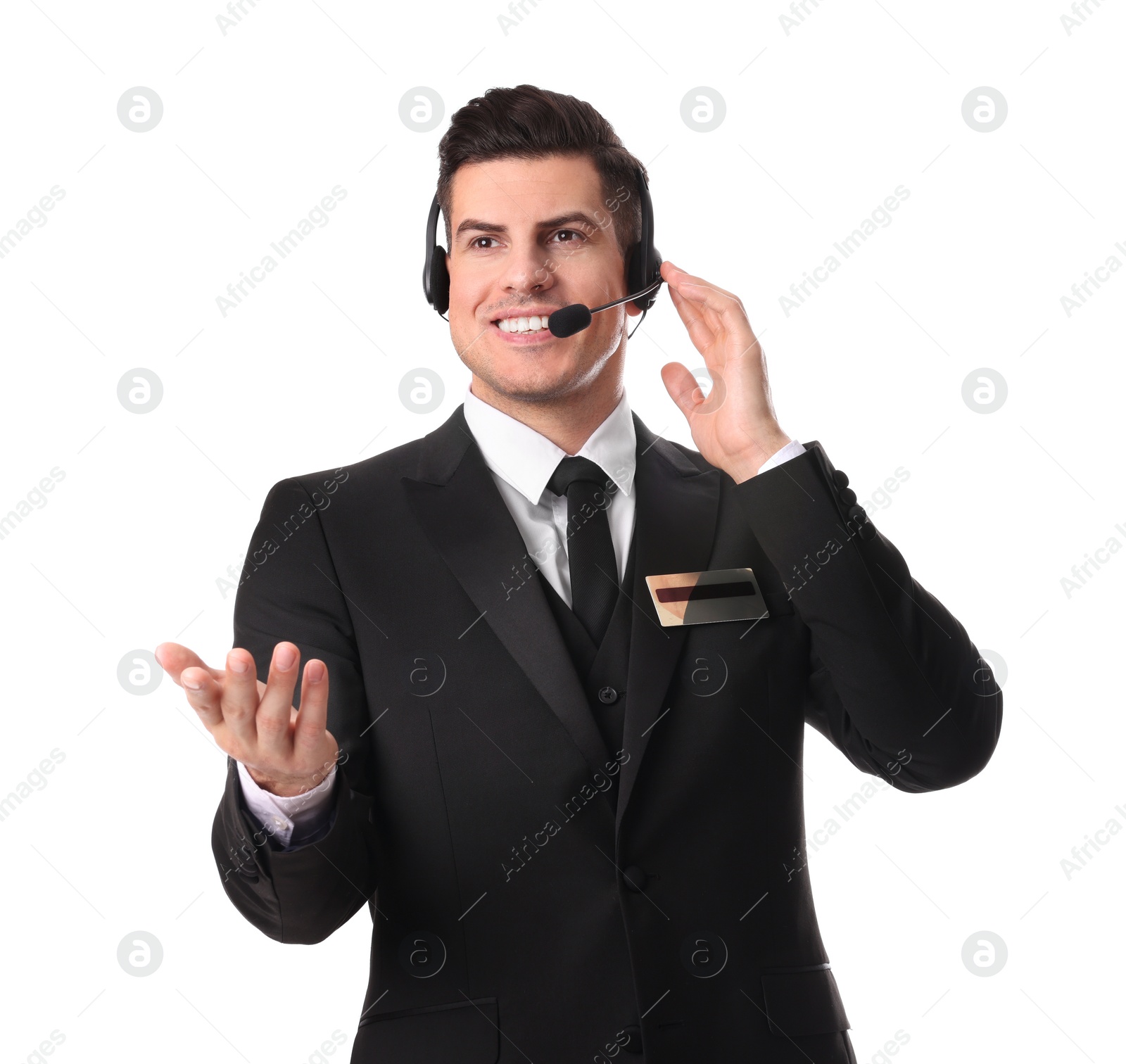 Photo of Portrait of receptionist with headset on white background