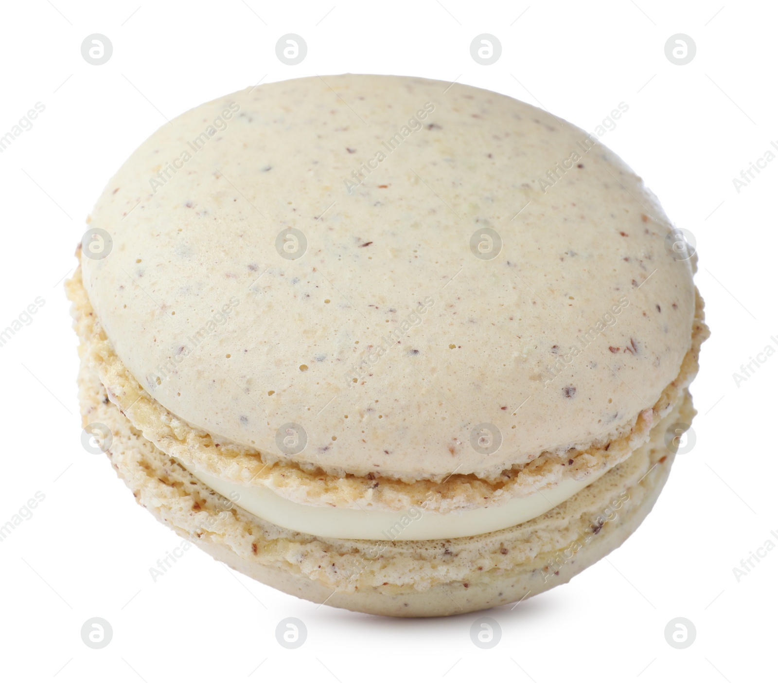 Photo of Beige macaron isolated on white. Delicious dessert