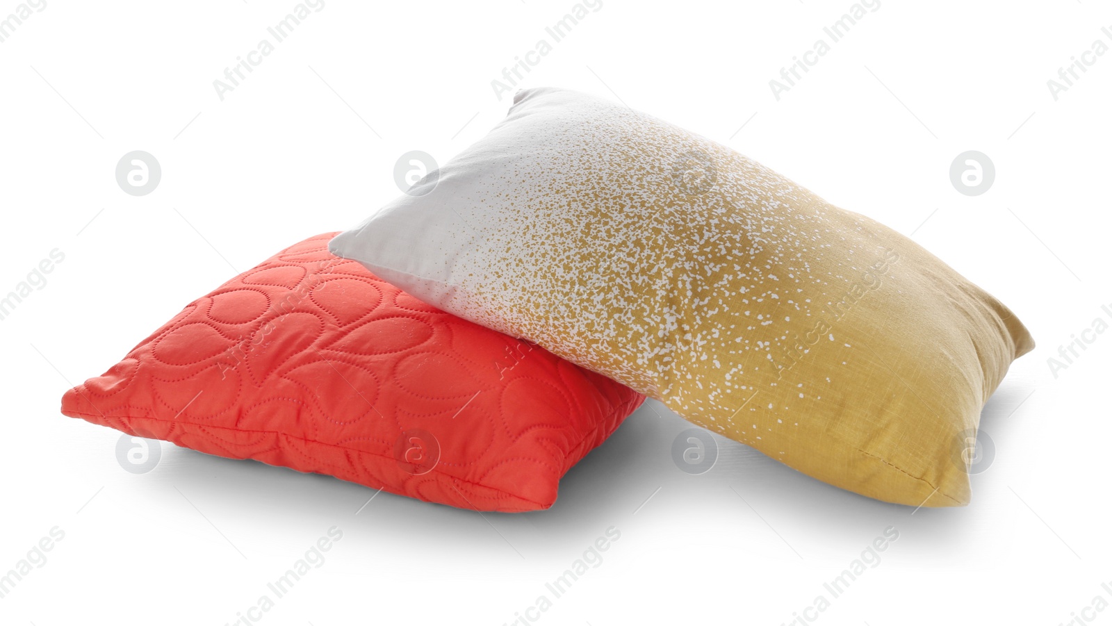 Photo of Different colorful pillows on white background