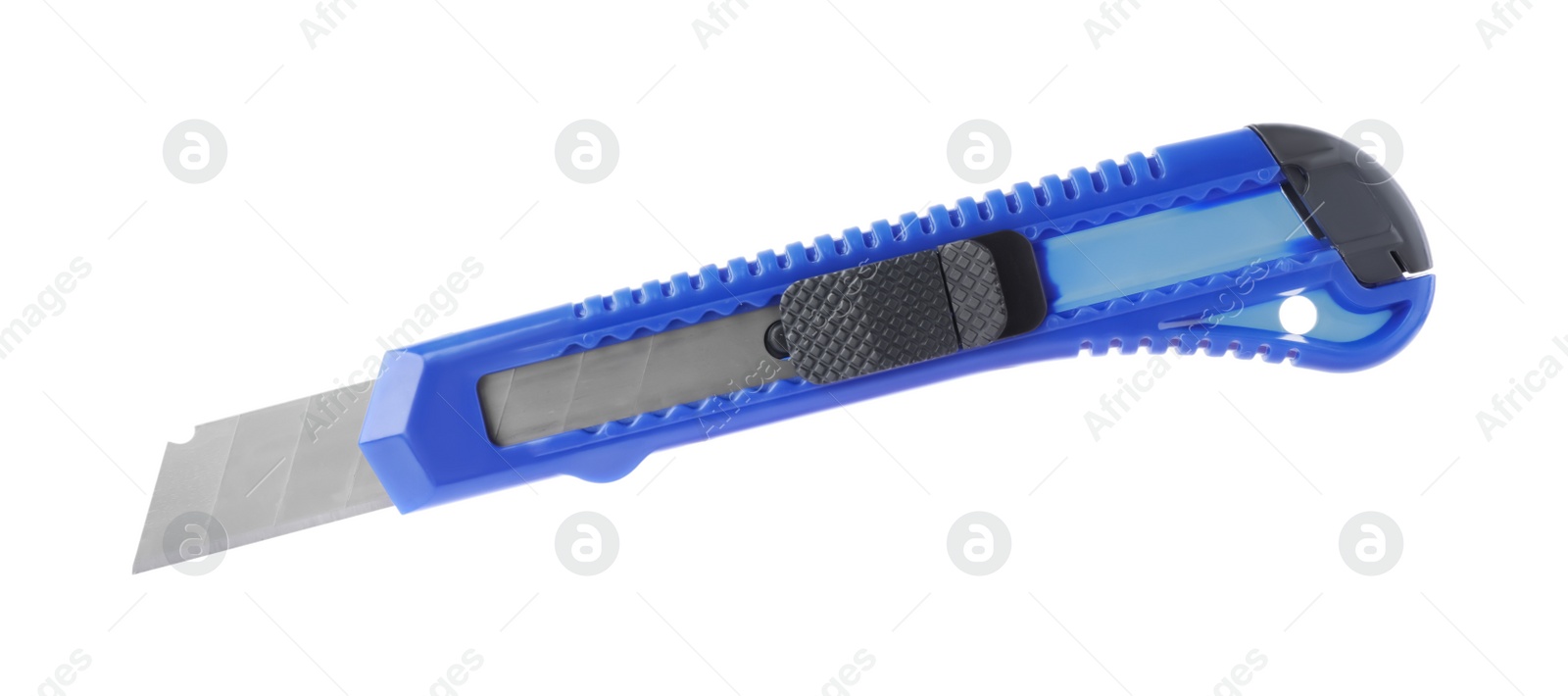 Photo of Blue utility knife isolated on white. Construction tool