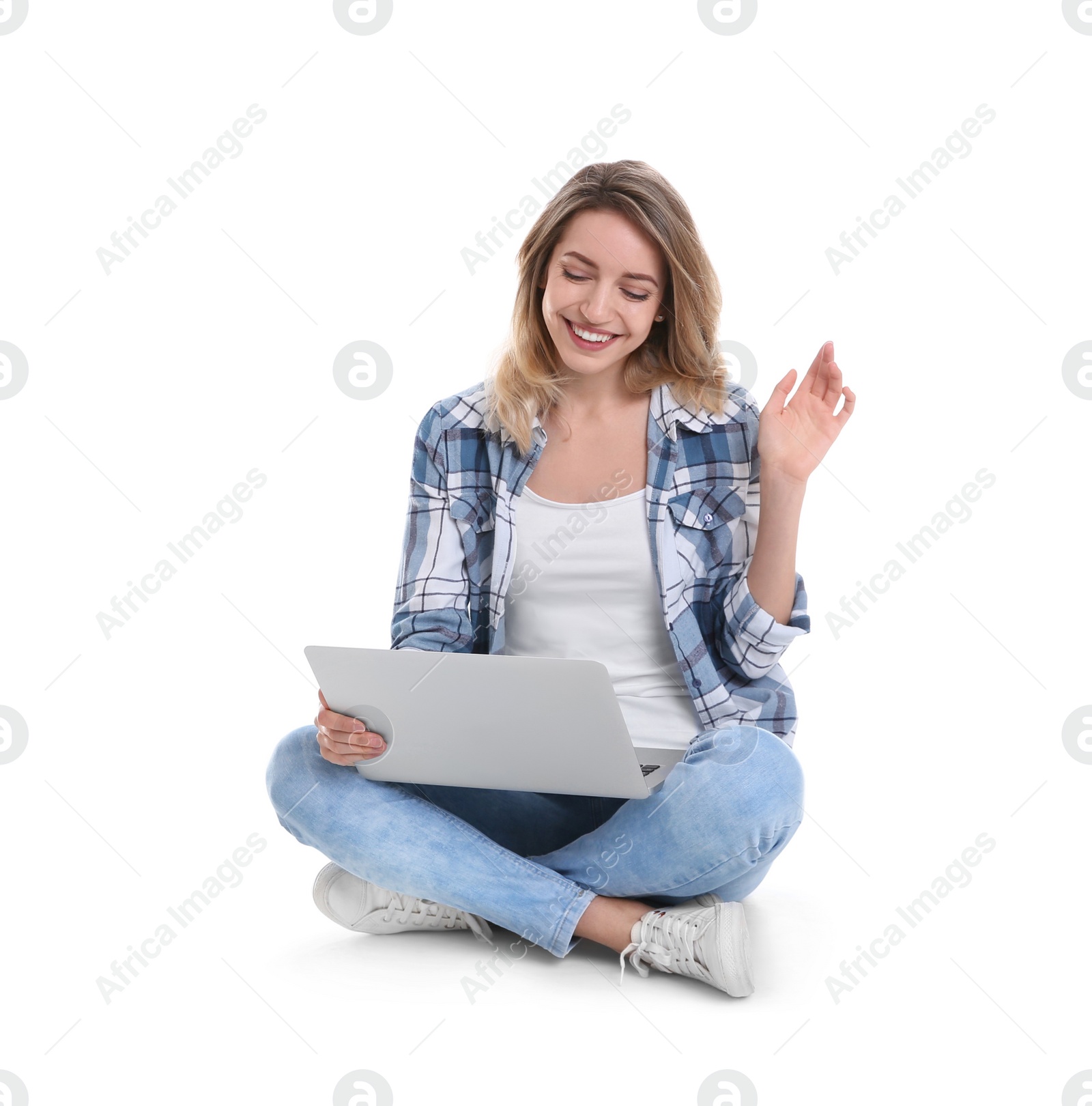 Photo of Woman using laptop for video chat isolated on white