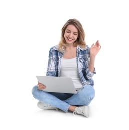 Photo of Woman using laptop for video chat isolated on white