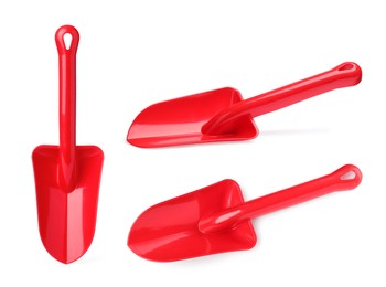 Image of Red plastic toy shovels on white background, collage