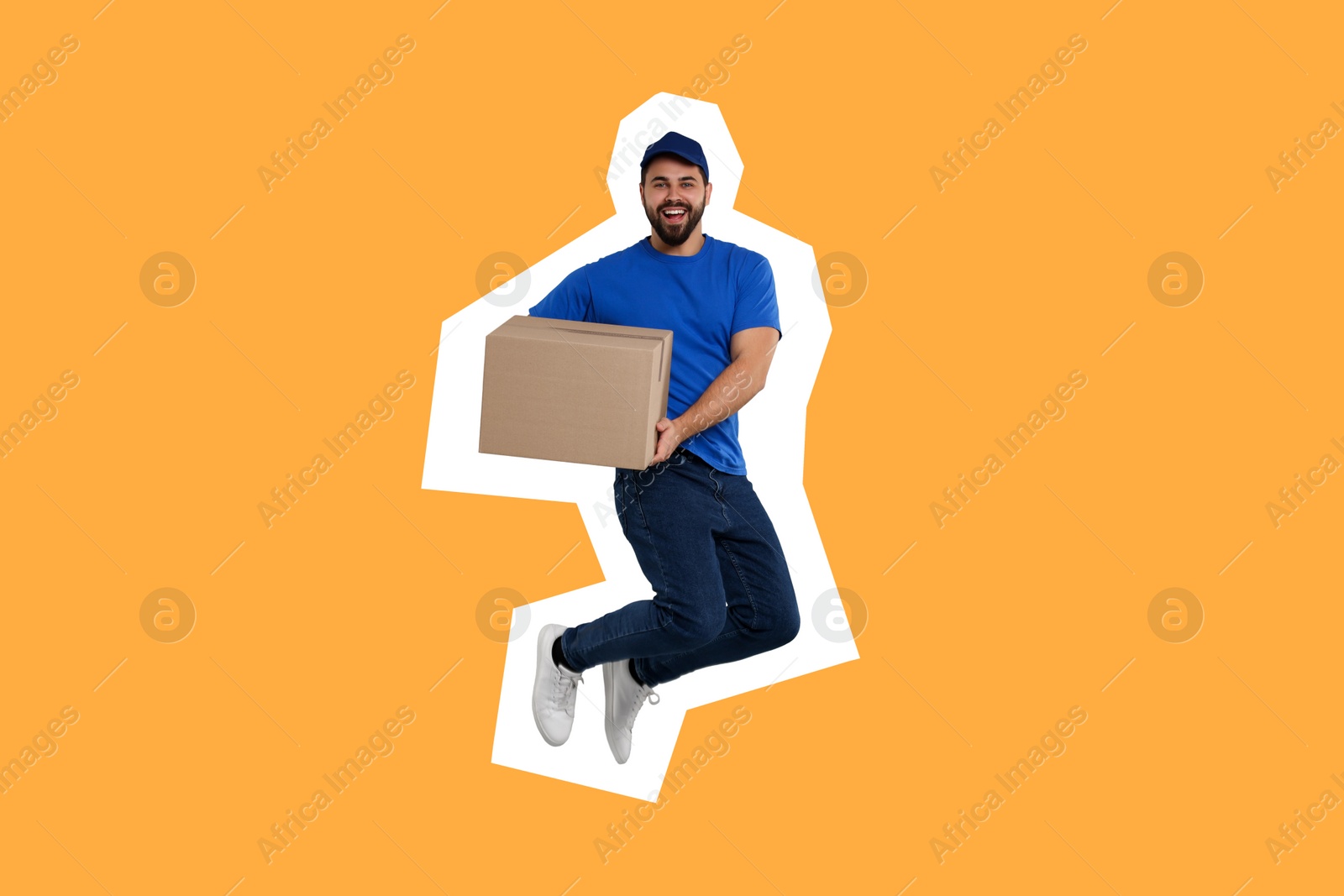 Image of Happy courier with parcel jumping on orange background