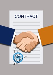 Illustration of Government contract. Businesspeople shaking hands and signed document on grey background, illustration
