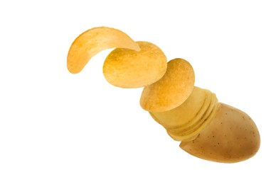 Image of Raw potato turning into tasty crispy chips on white background