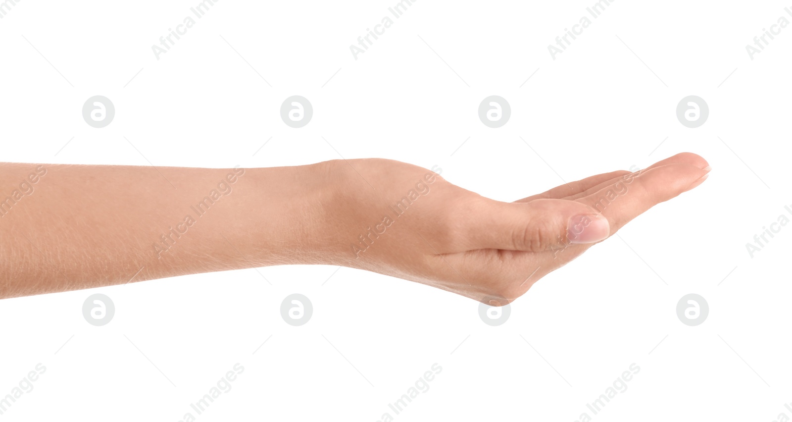 Photo of Abstract young woman's hand on white background