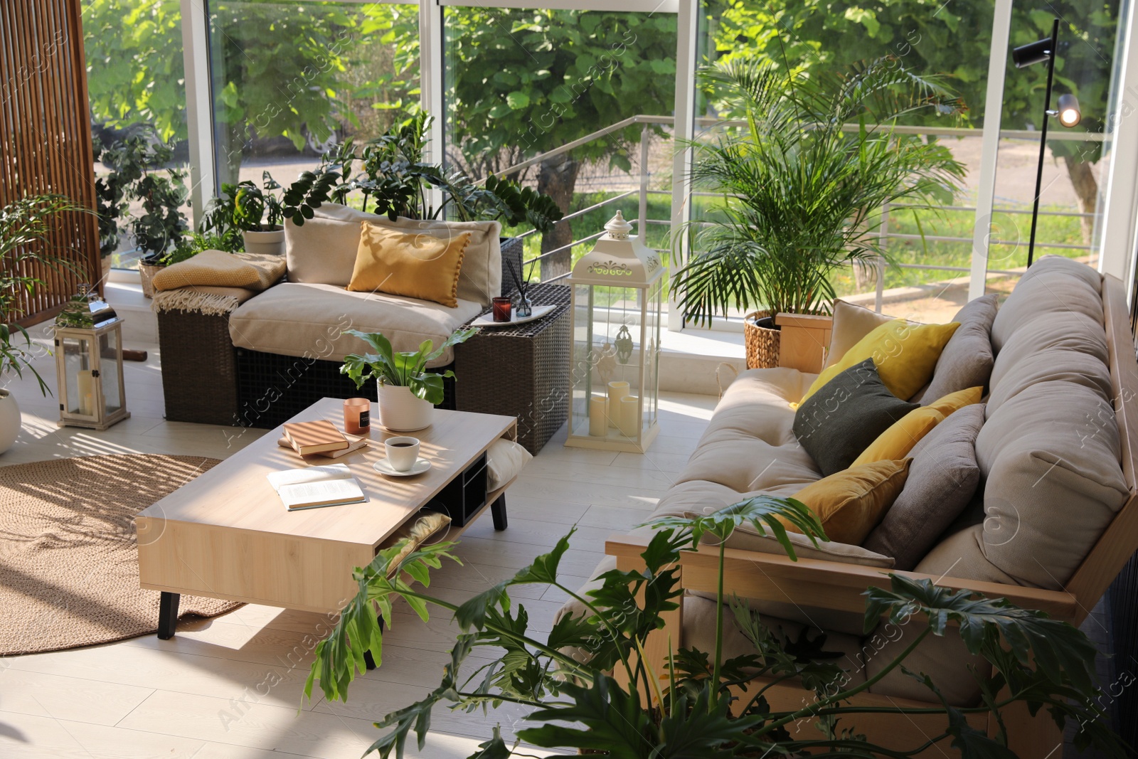 Photo of Indoor terrace interior with modern furniture and houseplants