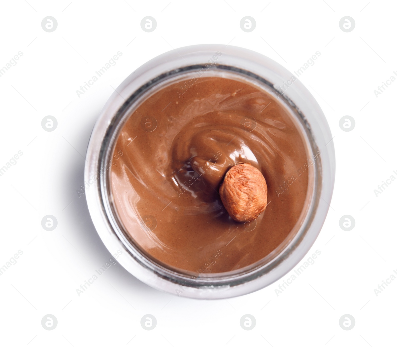 Photo of Bowl with sweet chocolate cream on white background, top view