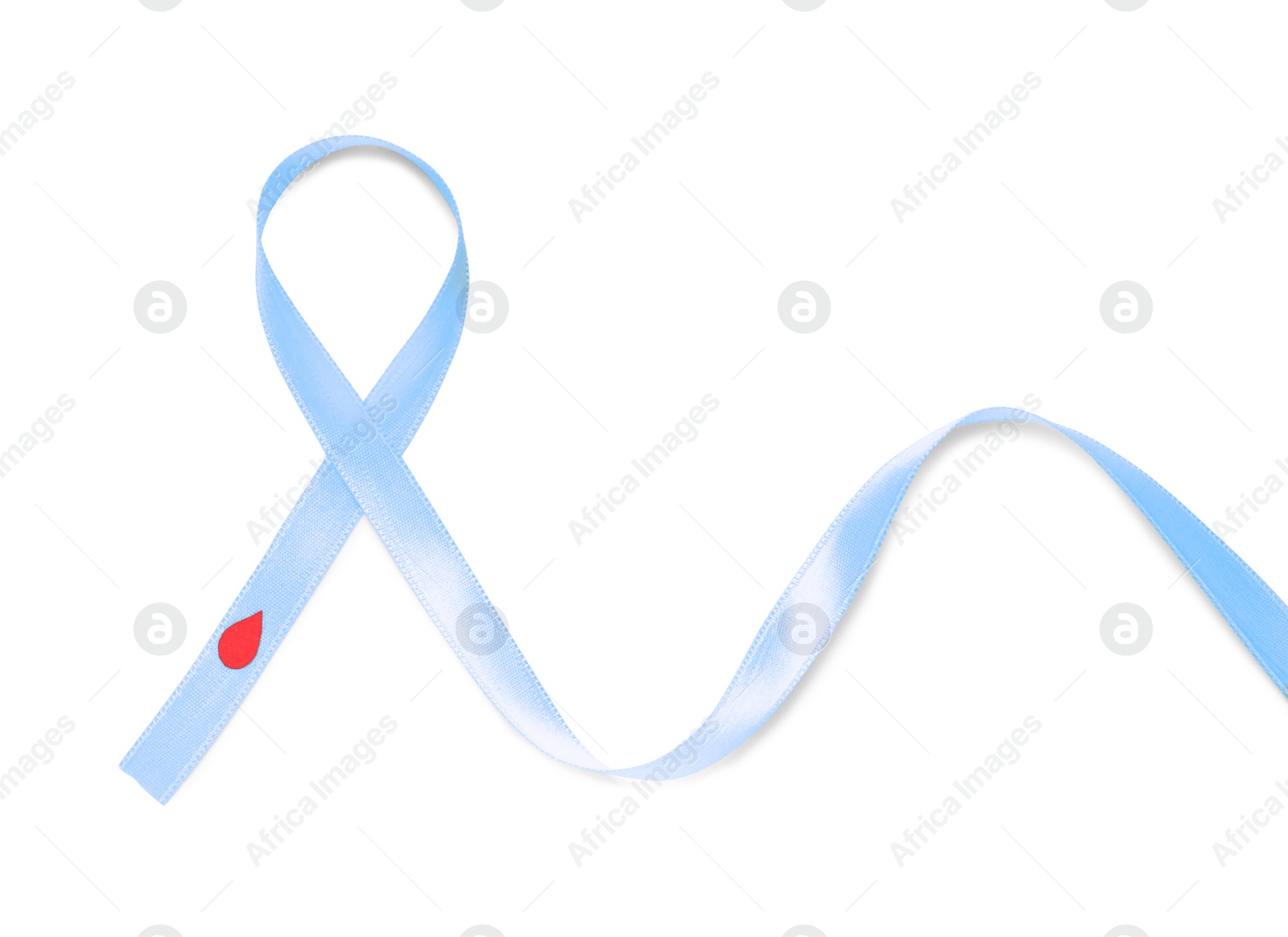 Photo of Light blue ribbon with paper blood drop on white background, top view. Diabetes awareness