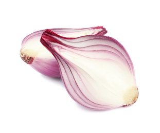 Photo of Halves of red onion on white background