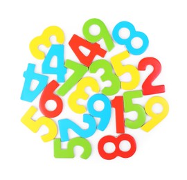 Colorful numbers on white background, top view