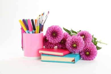 Photo of Beautiful flowers and stationery on white background. Teacher's Day