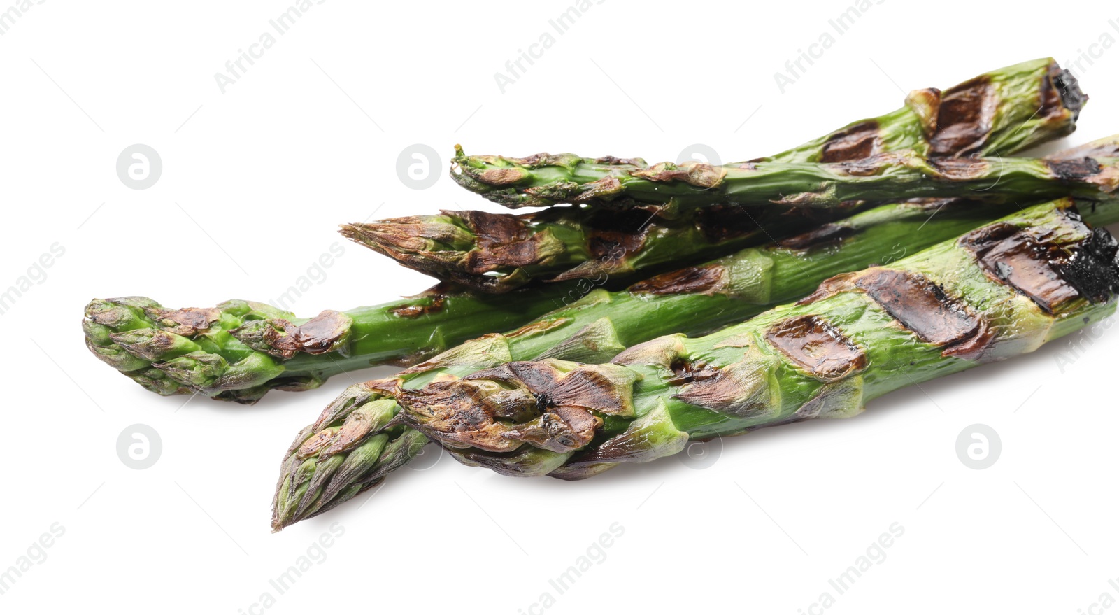 Photo of Tasty grilled green asparagus isolated on white