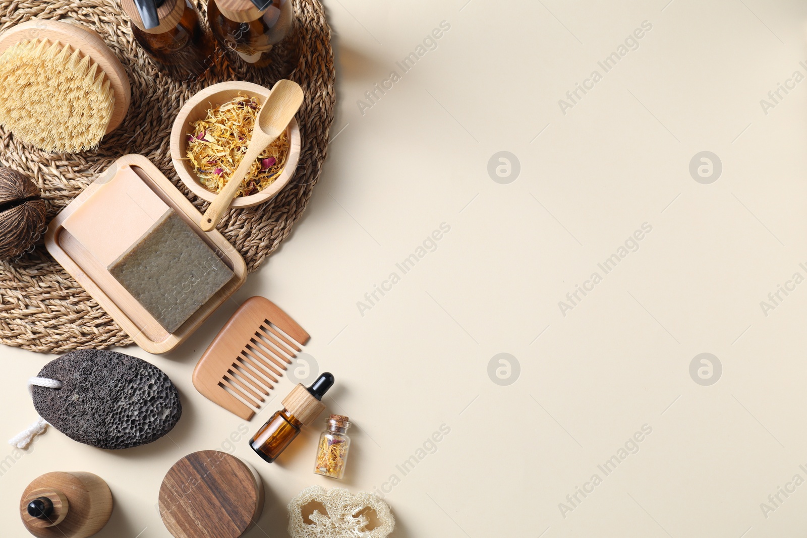 Photo of Bath accessories. Flat lay composition with personal care products on beige background, space for text